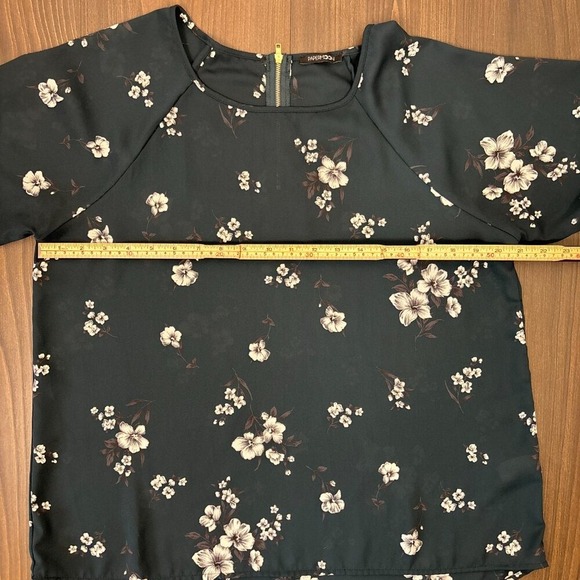 Papermoon Floral Blouse Large Dark Teal Scoop Neck 3/4 Sleeve Tie Cuff Top - Picture 12 of 14